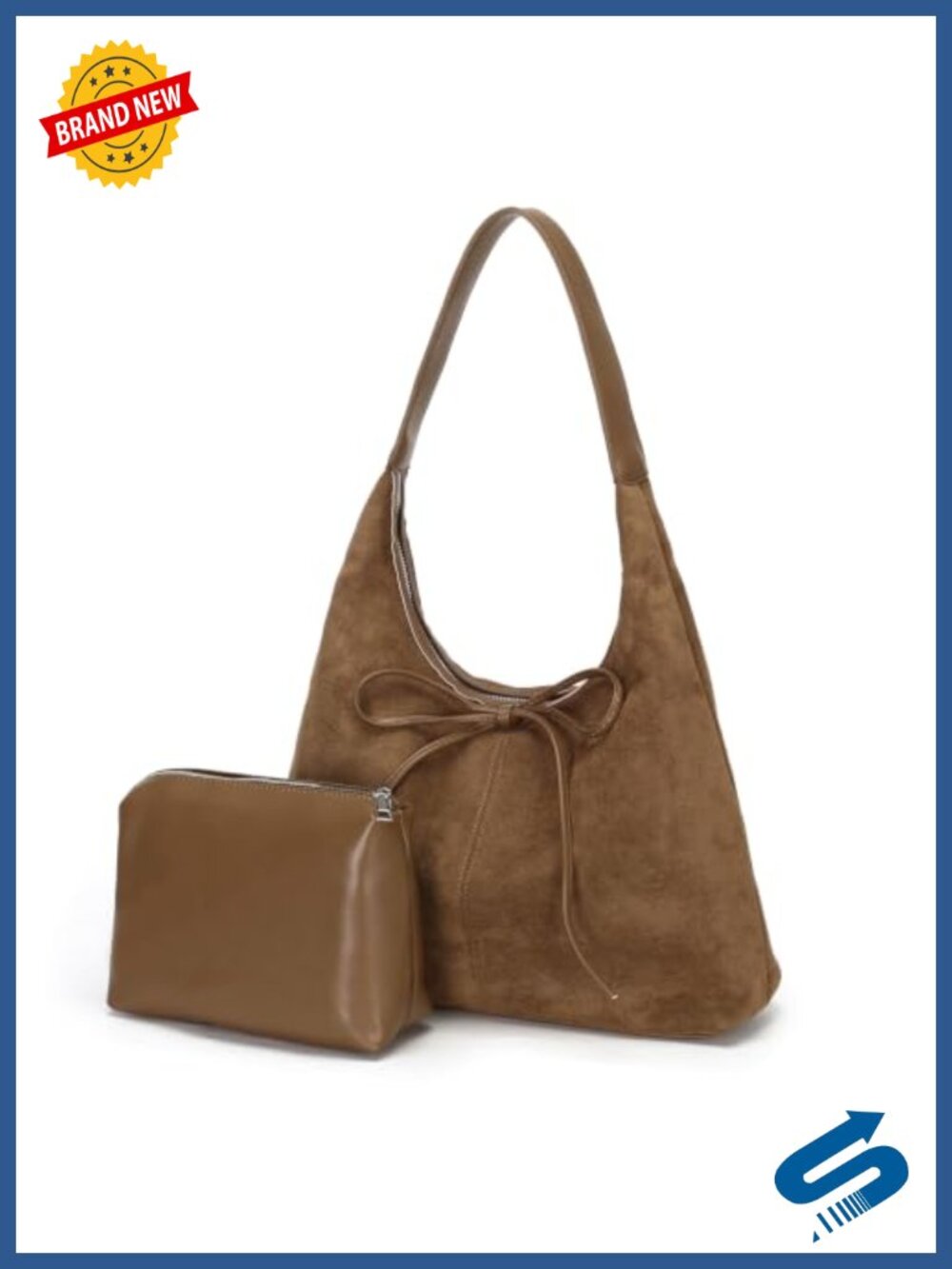 Faux Suede Hobo Shoulder Bag with Detachable Pouch Wide Strap